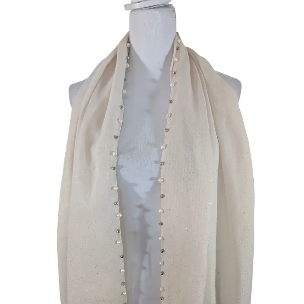 DELICATELY GORGEOUS PALE PINK+ SILVER METALLIC GLINTS, PEARL/SILVER BEAD SCARF!